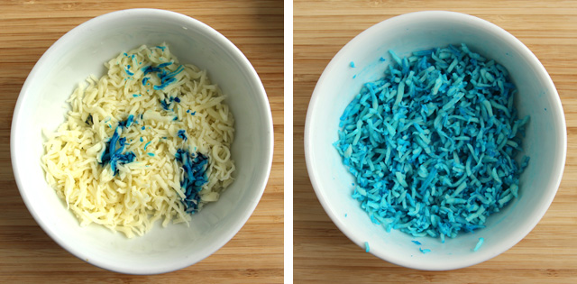 Mix a few drops of the dye into the cheese and stir until blue