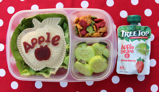 Cute apple lunch with a Tree Top apple sauce pouch for extra nutrition