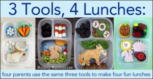 4 completely different lunches made useing the same 3 tools: EasyLunchboxes, Ikea animal cutters and food-safe markers