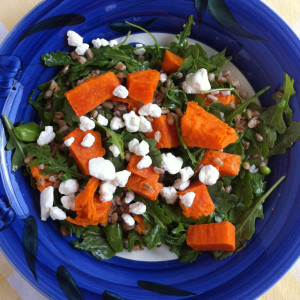 Arugula salad with farro, sweet potato, snap peas, and goat cheese with Meyer lemon dressing.