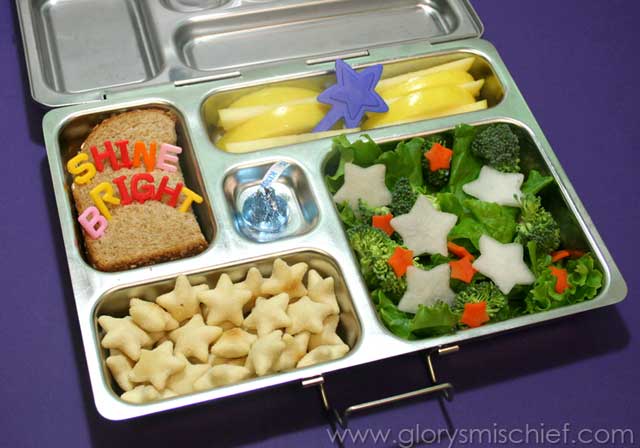Glory's Mischief bento box using a PlanetBox Rover, star cutters and alphabet picks