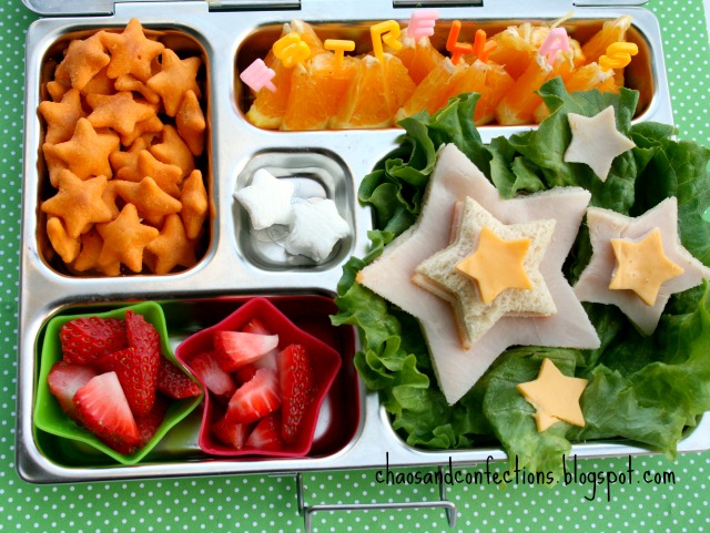 Chaos and Confections' bento box using a PlanetBox Rover, star cutters and alphabet picks