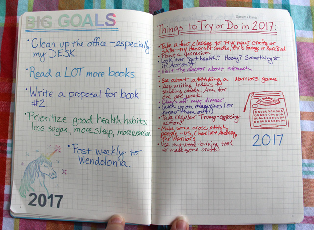 Bullet Journal goals page - big goals on the left, smaller things on the right.